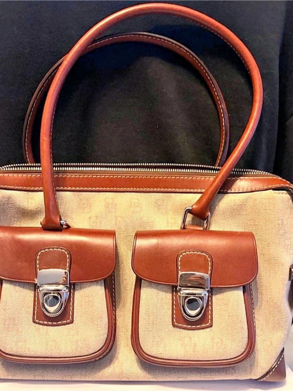 Dooney & Bourke Signature Double Pocket Tote Tan & Brown Canvas Satchel
